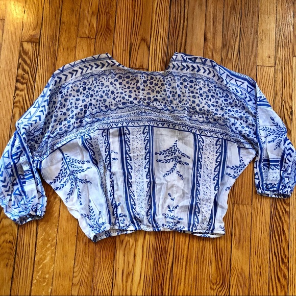 Free People Boho Blue and White Top w Tassel Ties - Picture 6 of 8